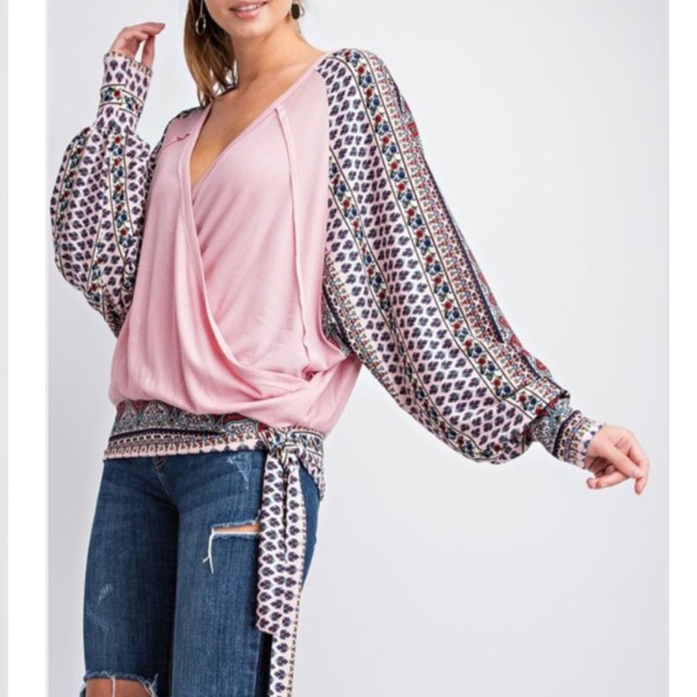 Boho Wrap-Front Pink Blouse with Printed Balloon Sleeves